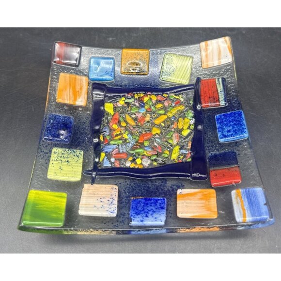 Colorful Fused Textured Art Glass Square Trinket Dish Ashtray 5.5” X 5.5” - Picture 2 of 6